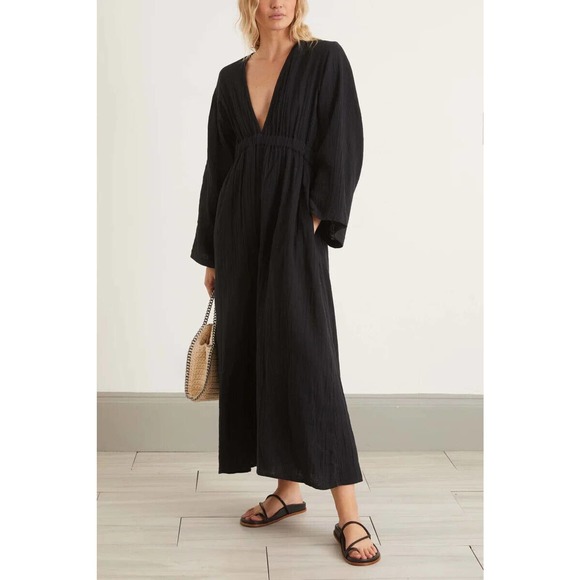 Mara Hoffman Blair Deep V-neck Long Sleeve Maxi Coverup Dress Black Large H14113 - Picture 3 of 16